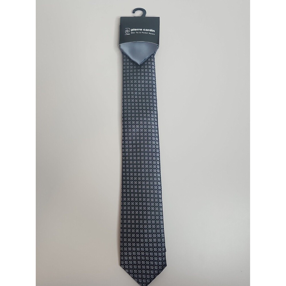 Pierre Cardin Slim Tie & Pocket Square Black Silver Gray Foulard Geometric Mens